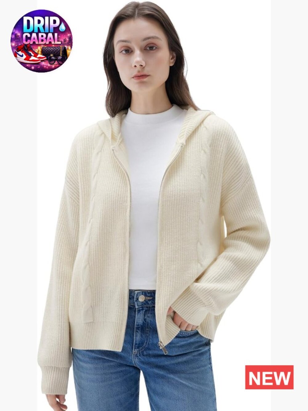 Chunky Knit Cashmere Blend Zip Up Hooded Cardigan with Pockets Oversized